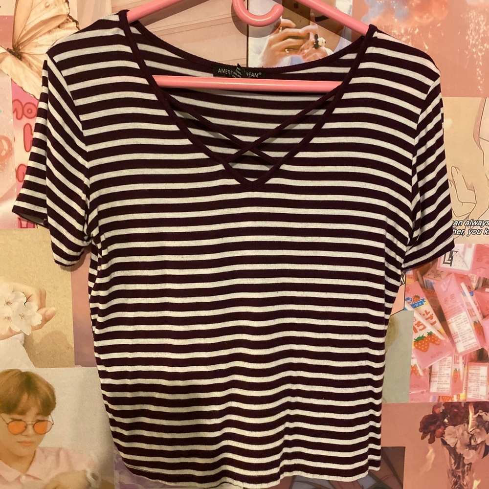 Burgundy & White Striped Shirt w Crisscross Detail